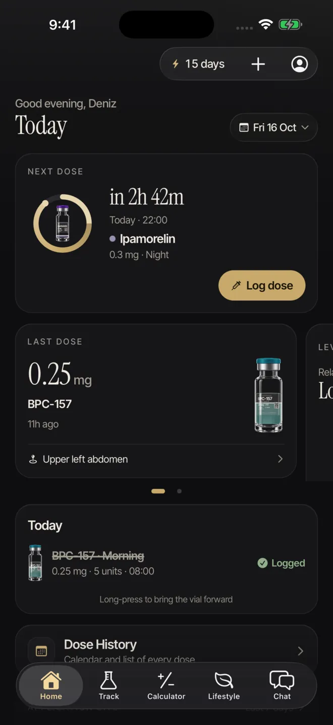 PepLabo Today screen with a live countdown to the next dose and the last dose